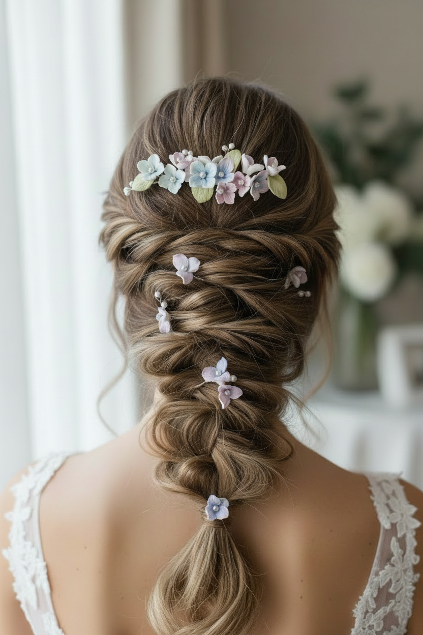 Set de peineta y 5 pins de novia en flores de porcelana color pastel 