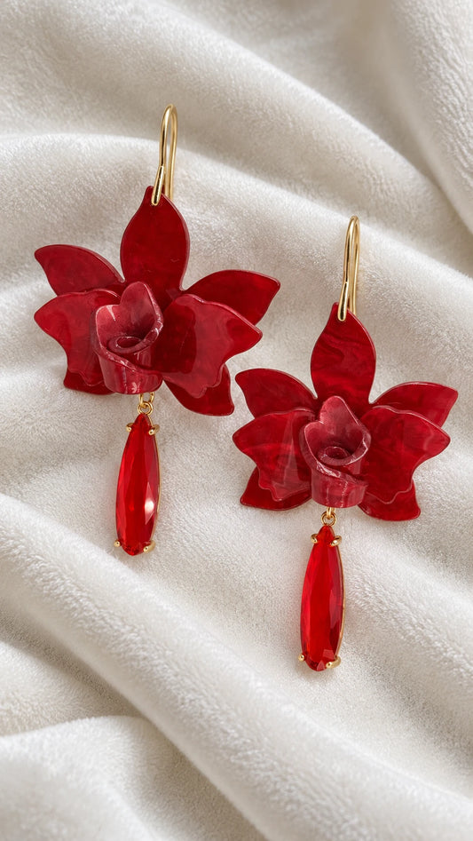 Aros flor de acrílico rojo con gota de cristal y baño de oro
