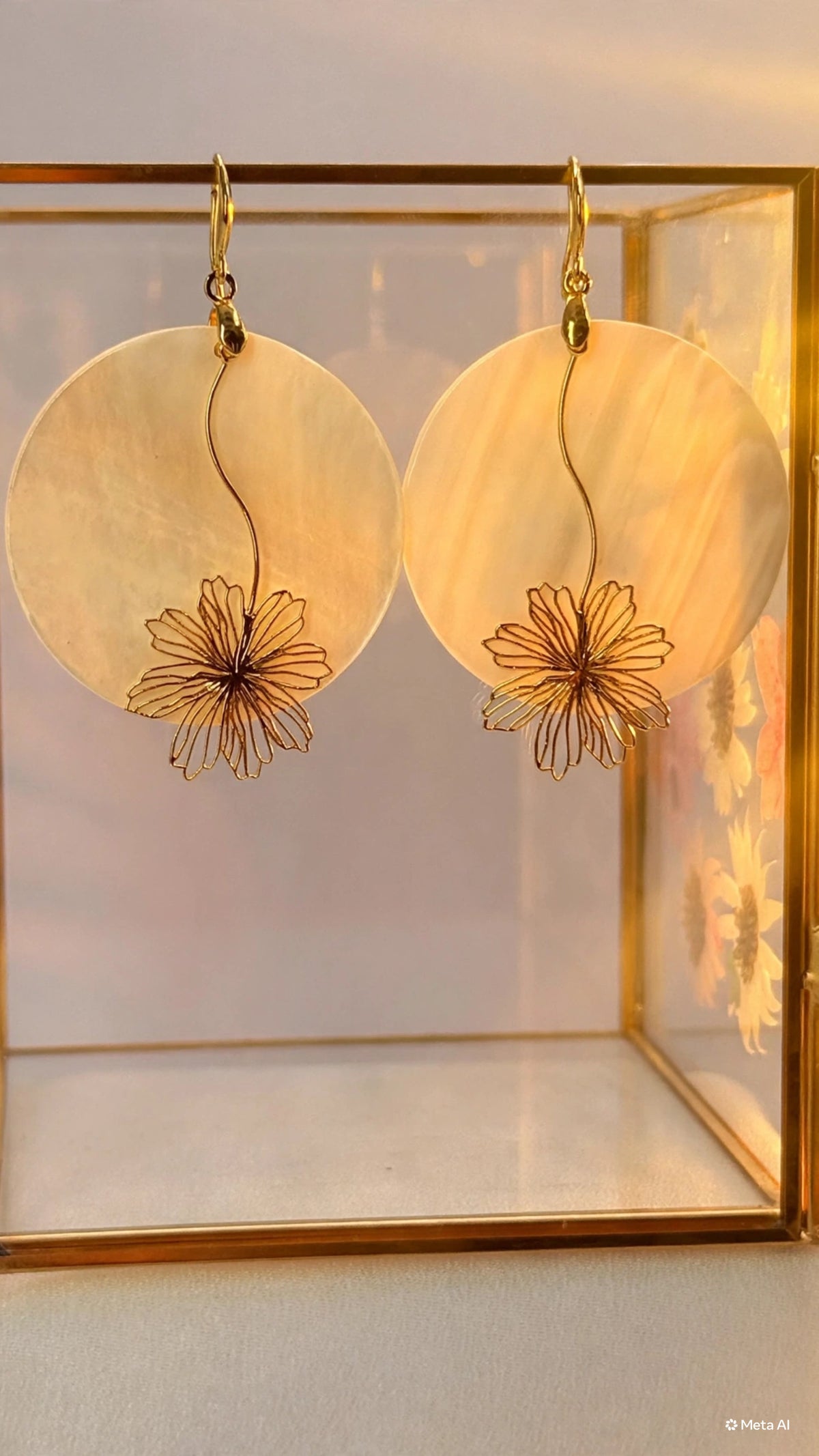 Aros disco de nácar con flor calada dorada