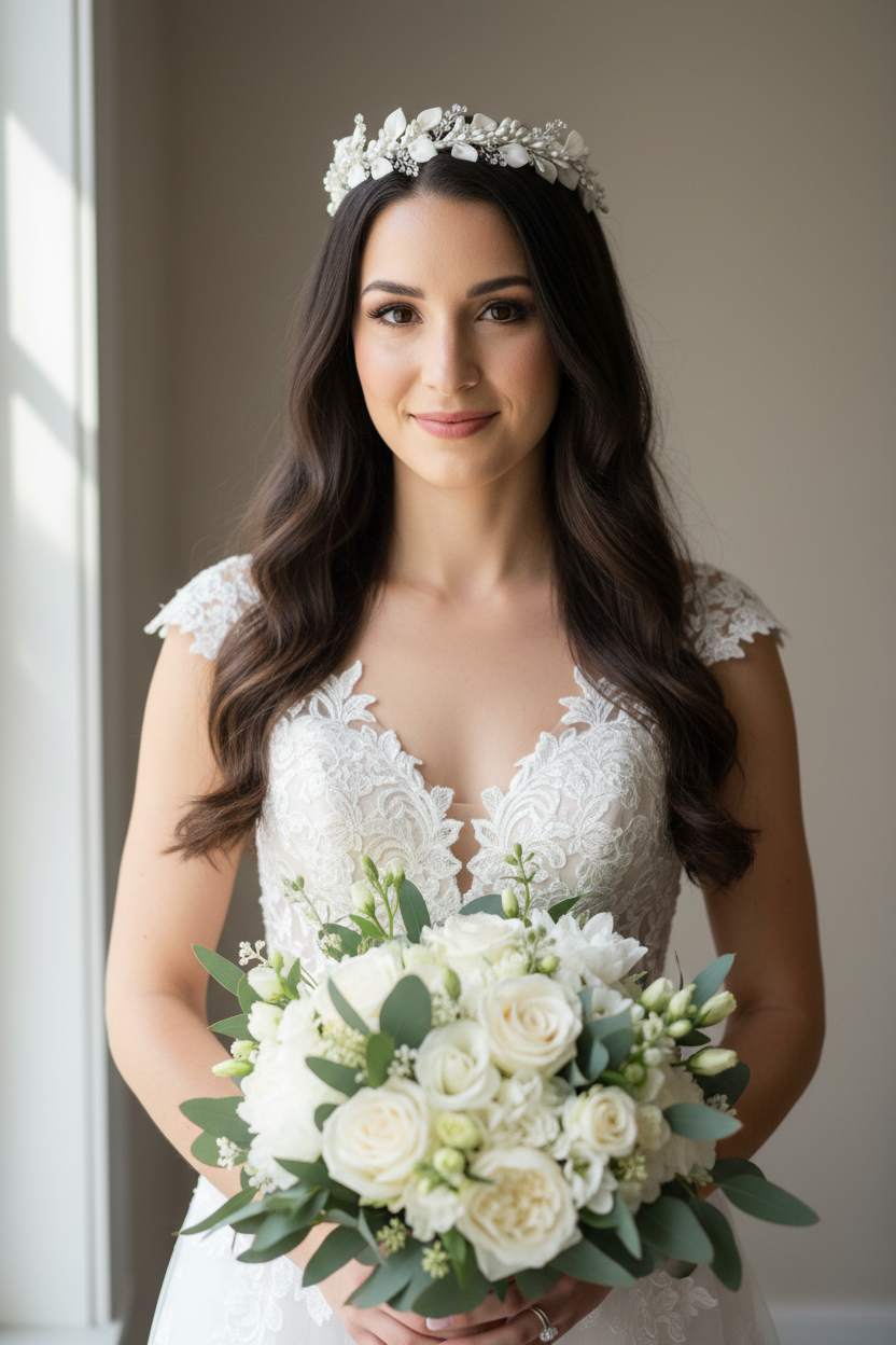 Corona de novia de hojas y flores de porcelana fria blancas