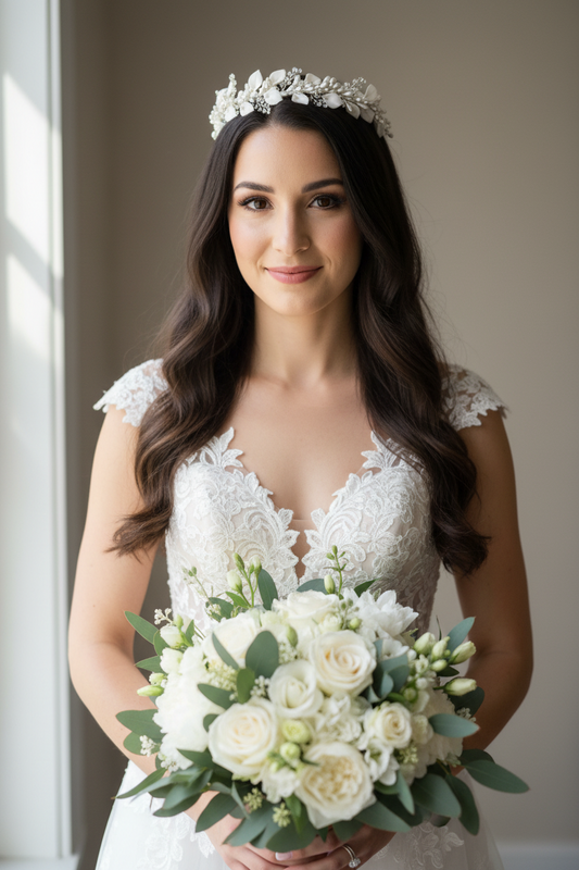 Corona de novia de hojas y flores de porcelana fria blancas