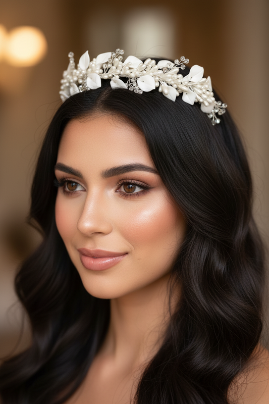 Corona de novia de hojas y flores de porcelana fria blancas