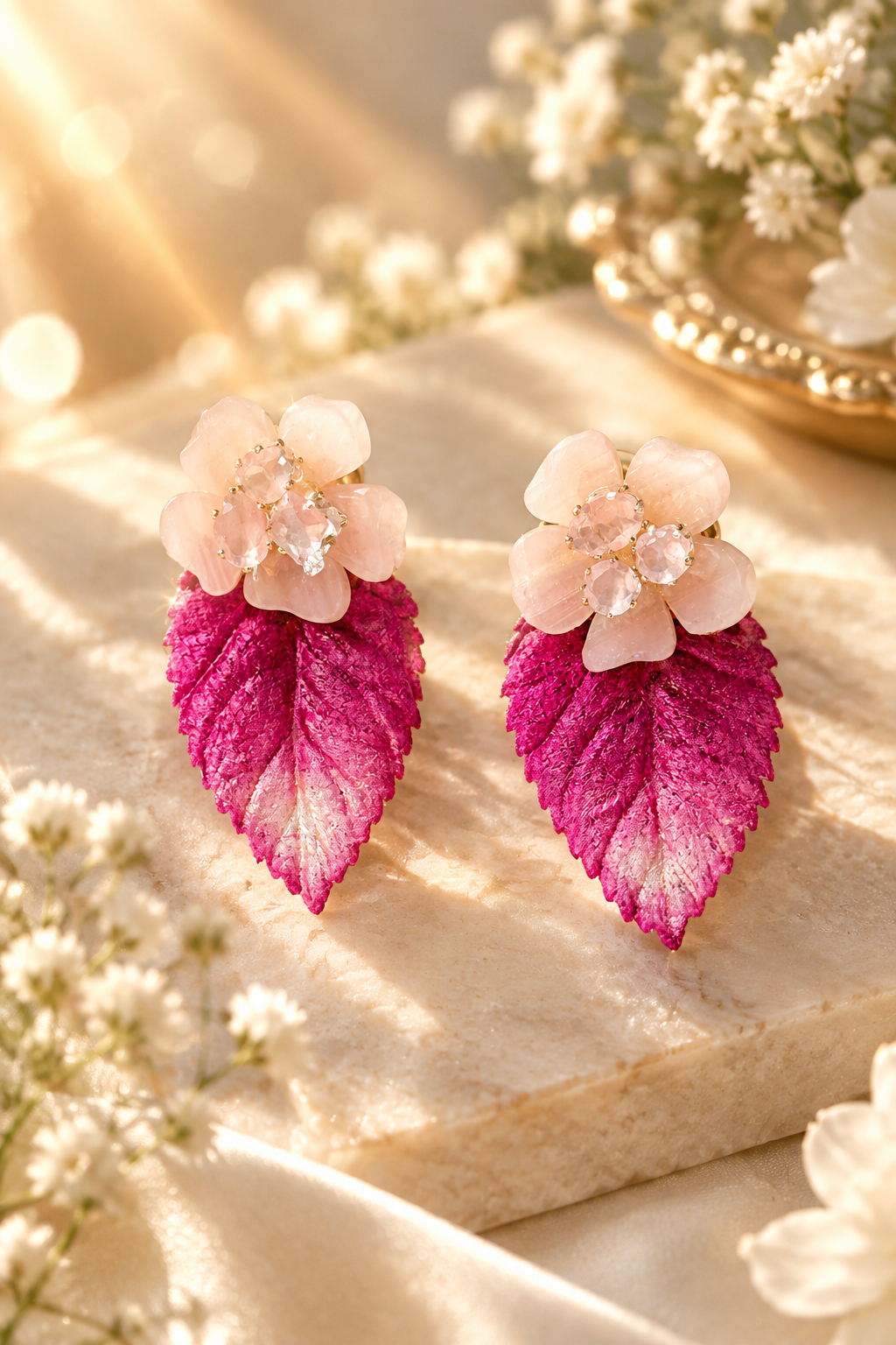 Aros mini hoja de terciopelo fucsia con flor de nácar