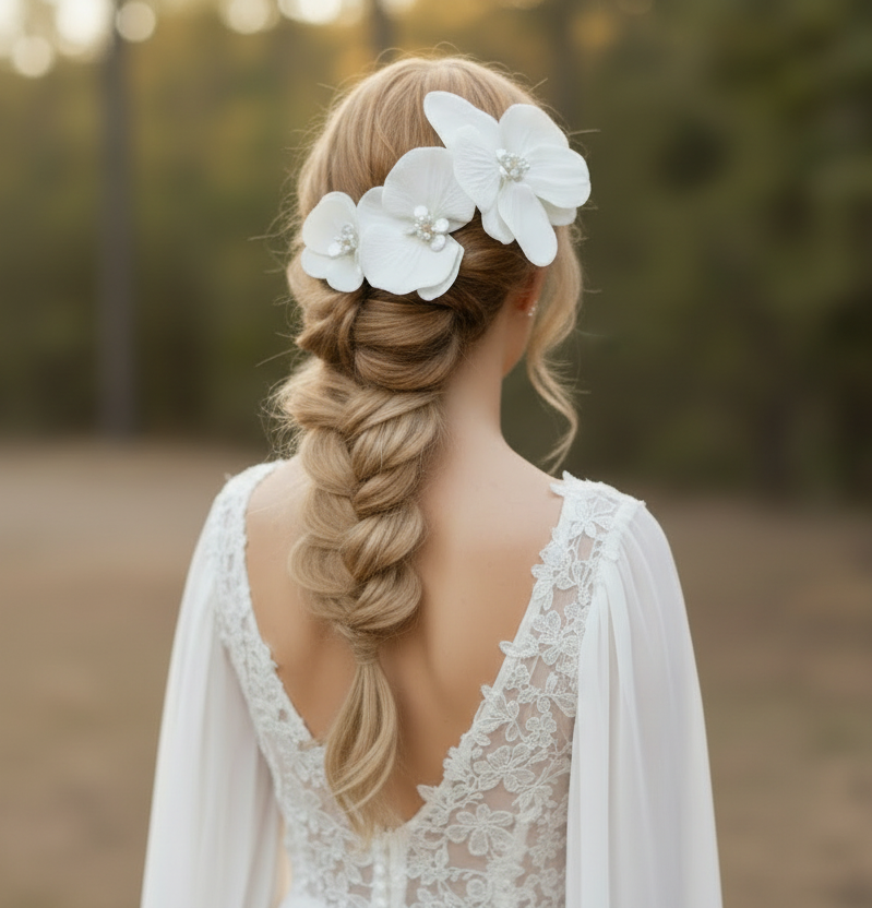 Novia usando tocado de novia de orquídeas y perlas naturales 