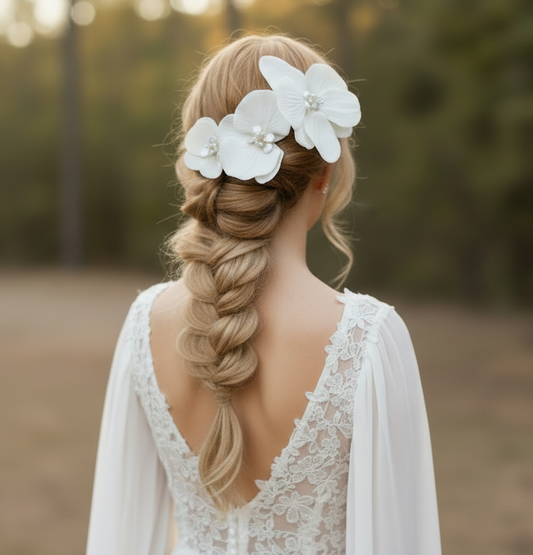 Novia usando tocado de novia de orquídeas y perlas naturales 