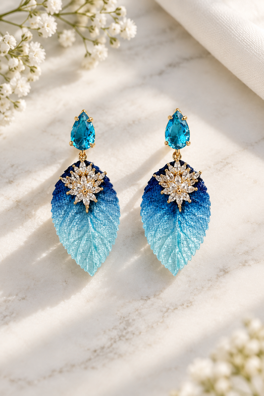 Aros hoja de terciopelo azul con cristal topacio, grandes y livianos