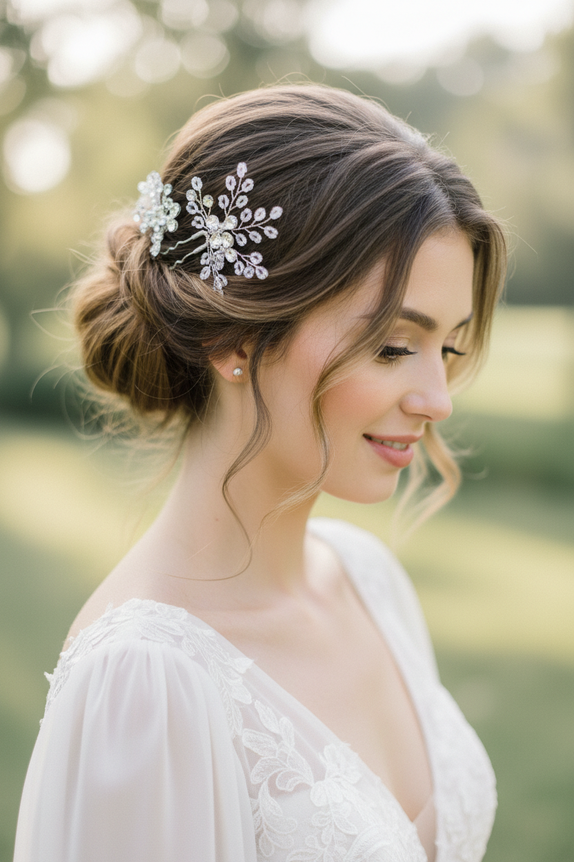 Set de dos pins de novia estilo romantico en color plata y blanco 