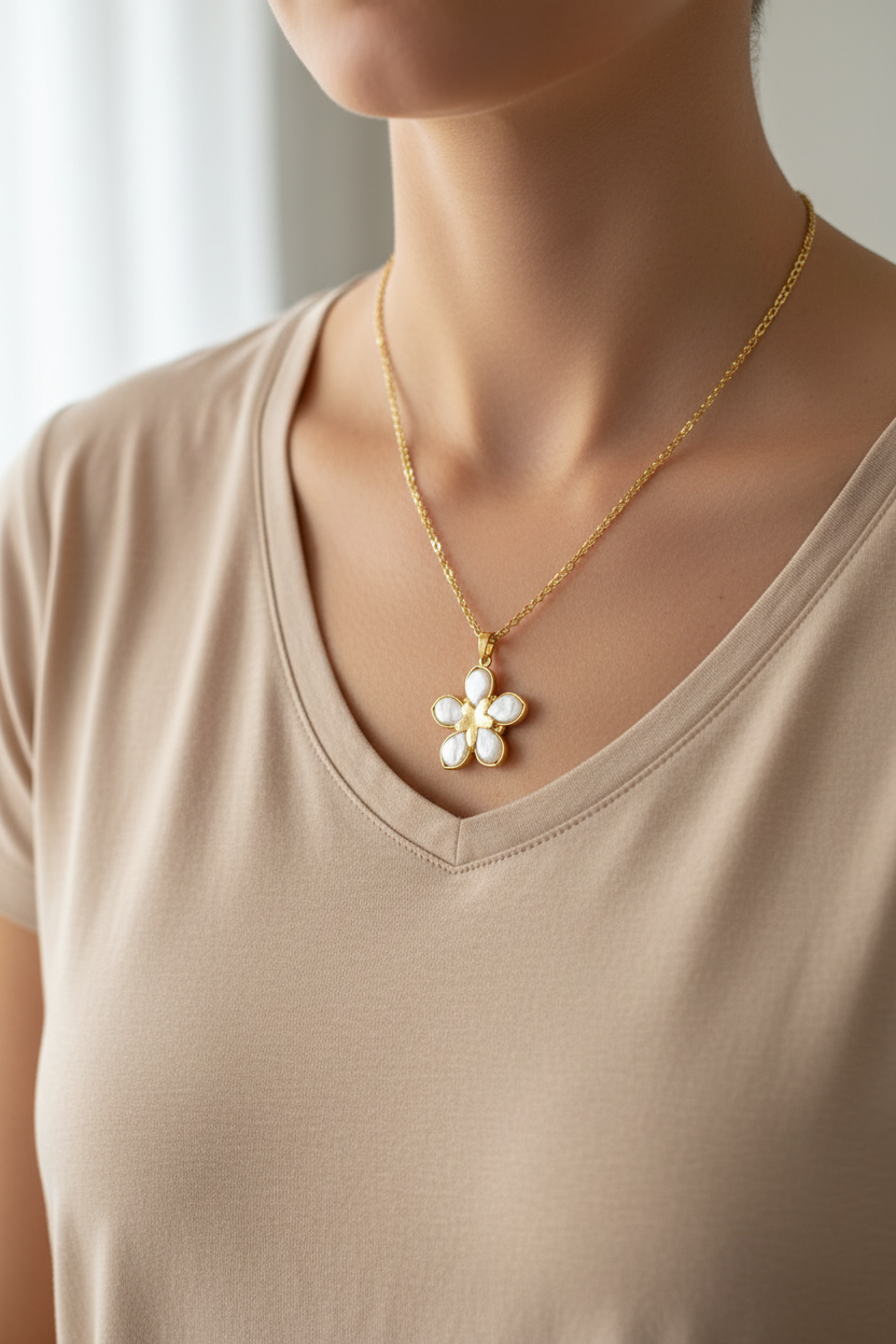 Mujer usando collar flor con cinco perlas barrocas y acabados dorado