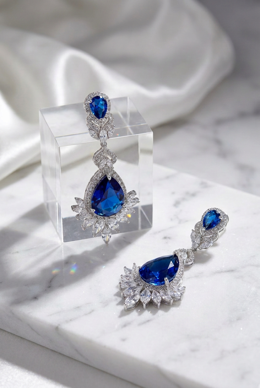 Aros doble gota zafiro con halo de circones