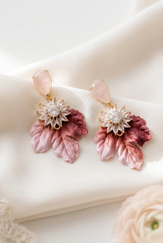 Aros hojas de terciopelo rosa con flor de circones y cuarzo rosa