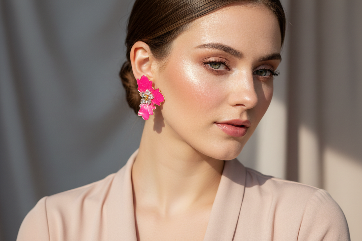 Aros Flor de cristal color fucsia con destellos