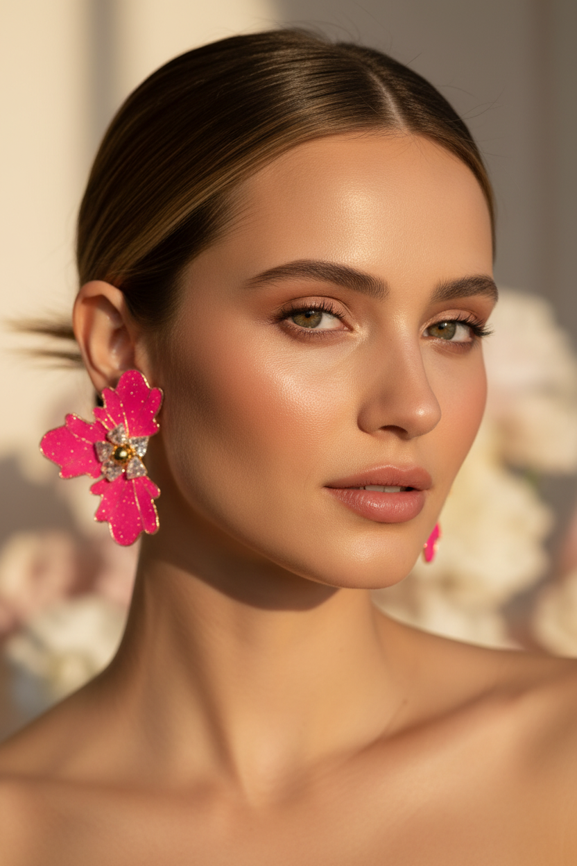 Aros Flor de cristal color fucsia con destellos