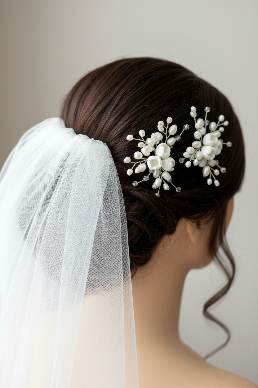 Set de dos pins de novia hechos con flores de porcelana fria, perlas naturales y cristales checos 