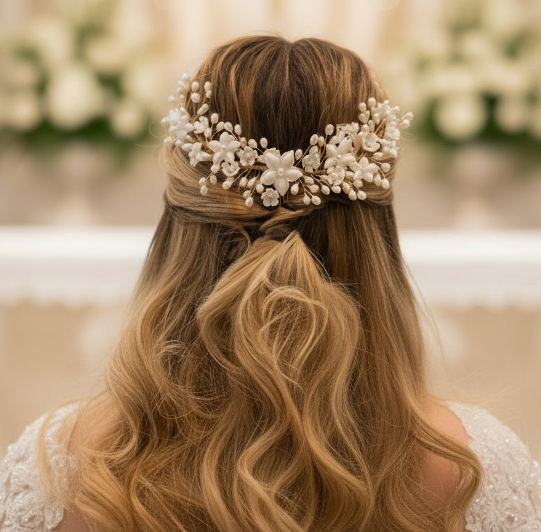 Tocado de novia flores de porcelana y perlas, estilo clásico romántico y elegante 