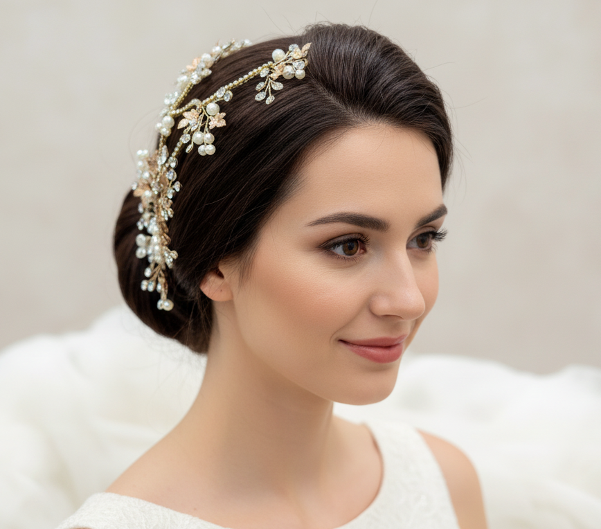 novia con tocado  flexible multi posición cristales y perlas peinado recogido