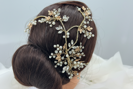 Tocado novia flexible multi posición cristales y perlas hecho a mano