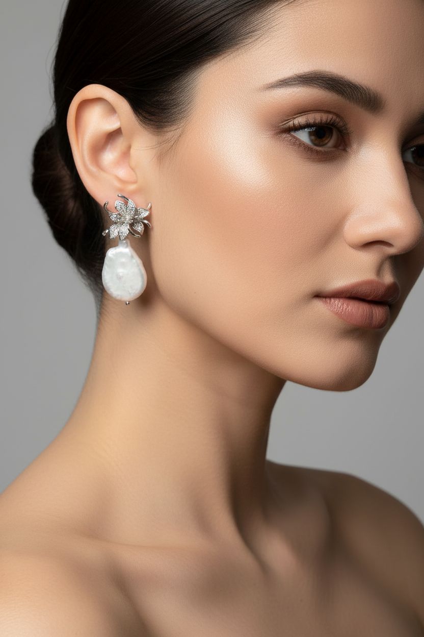 Aros novia fiesta elegantes de plata rodinada y perla barroca natural 