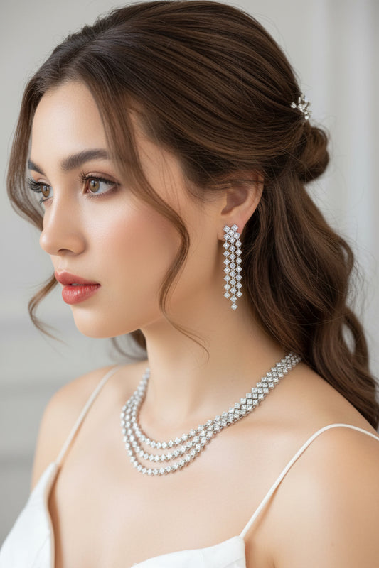 Conjunto de Aros y Collar Triple Circón Baño de Rodio