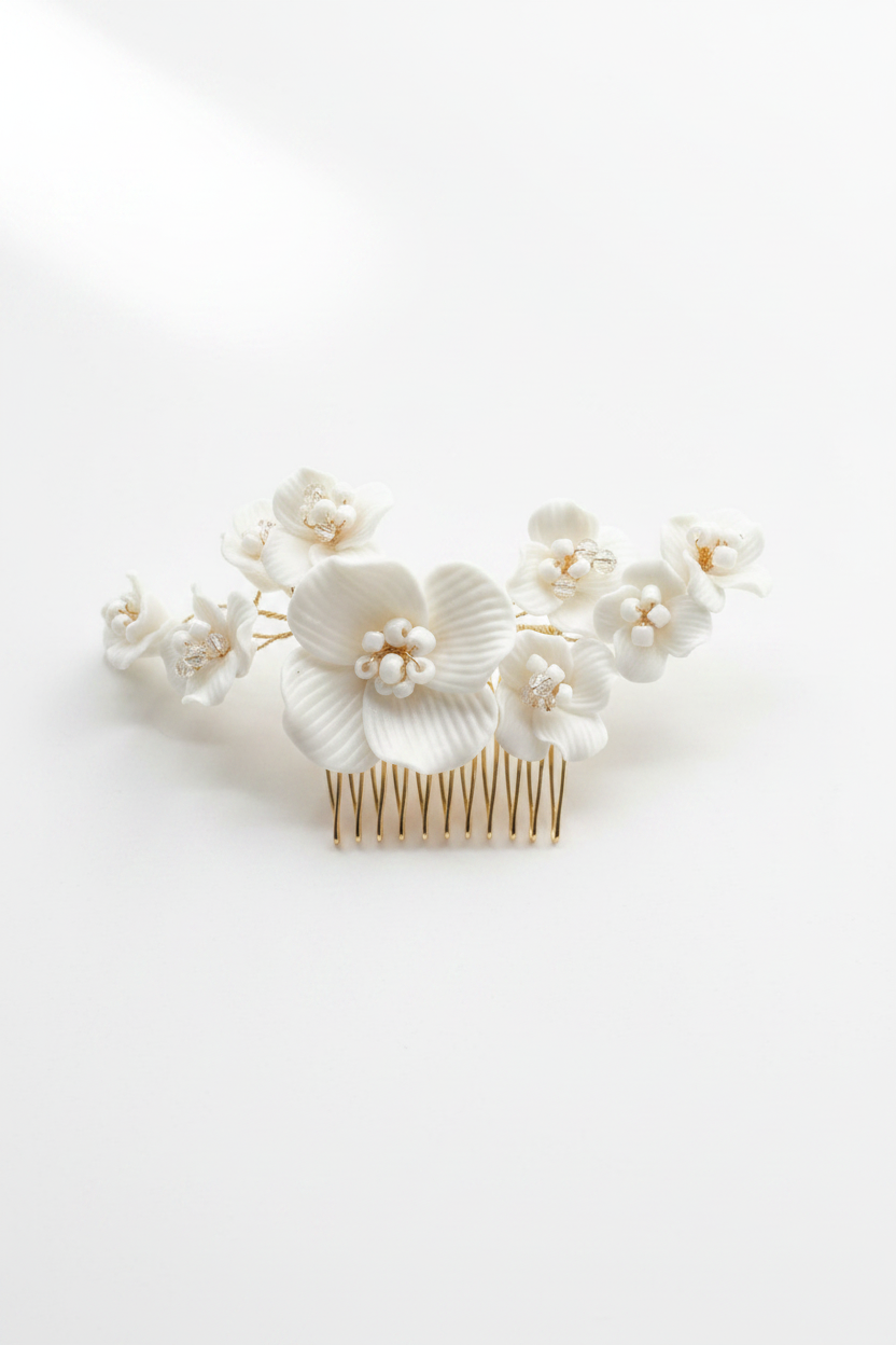 tocado de novia con  flores de porcelana blanca