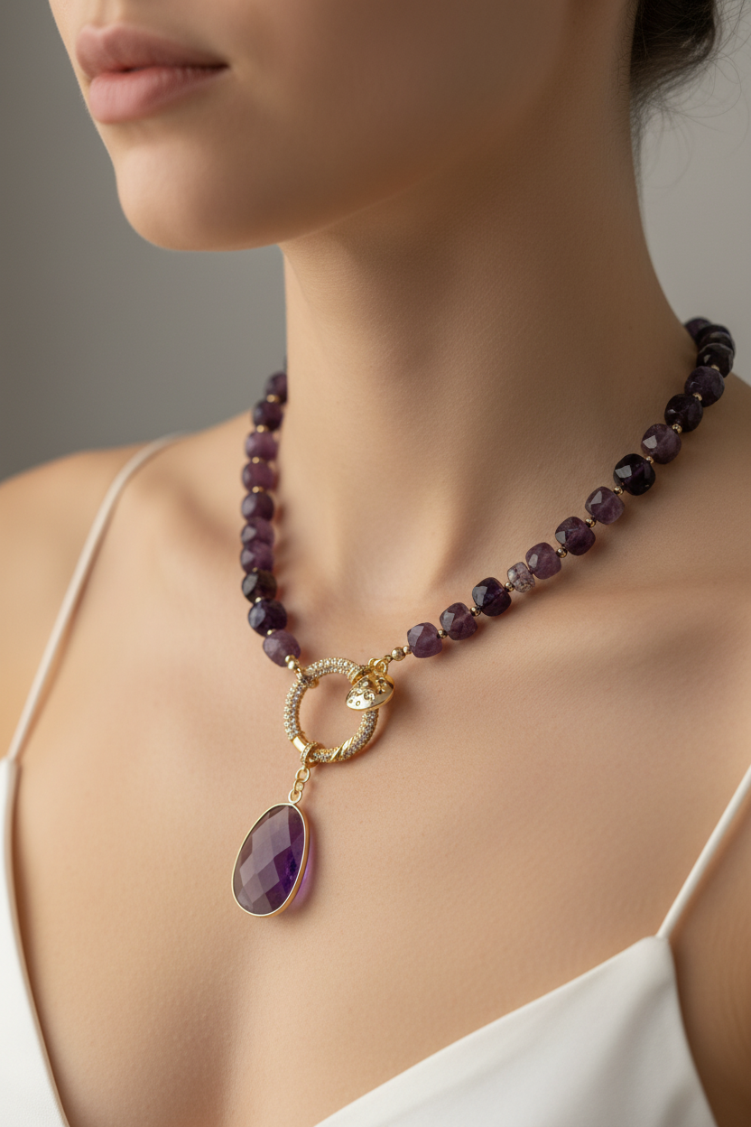 Collar piedras naturales amatista y circones 