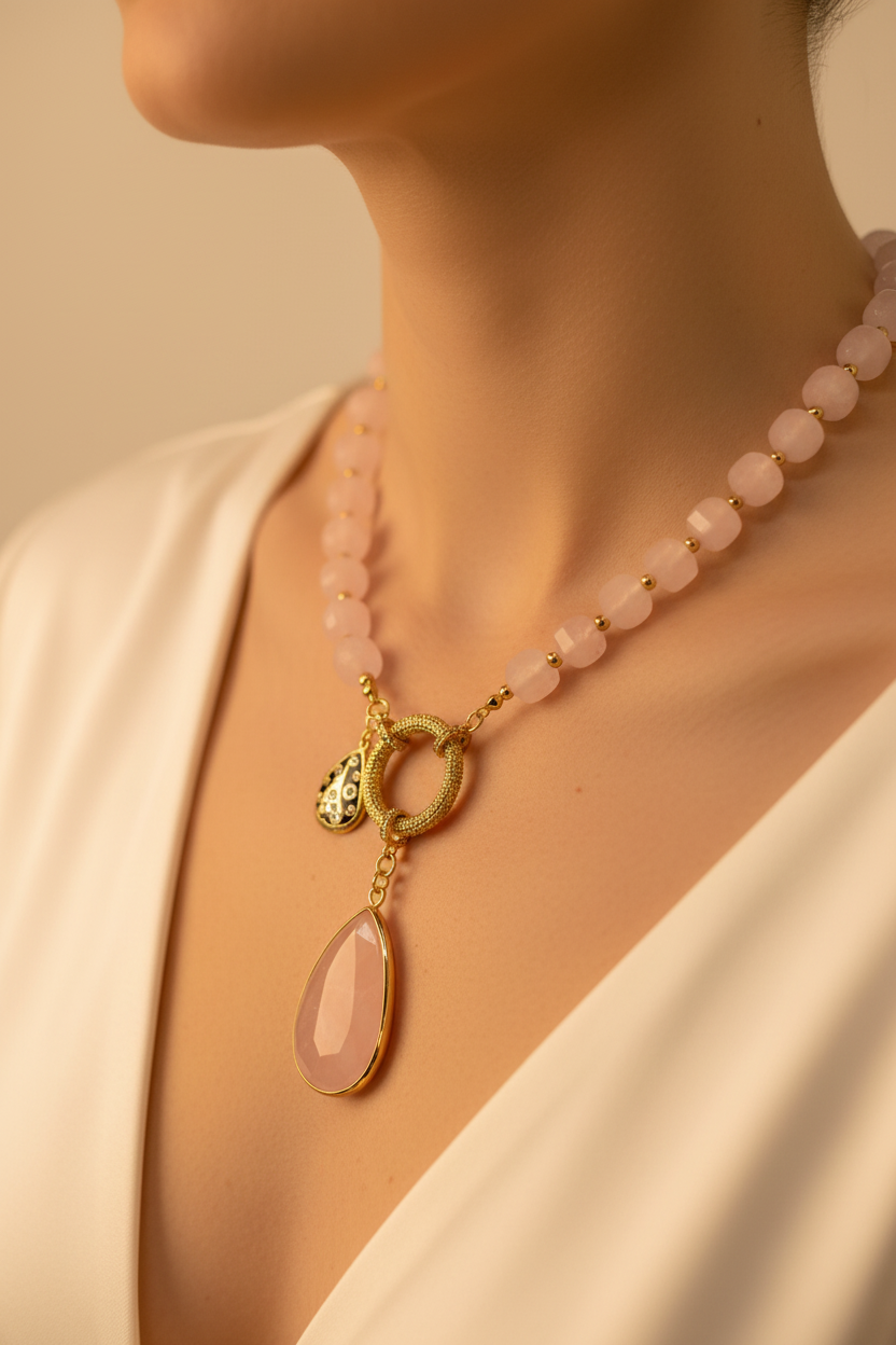 Collar de piedras naturales cuarzo rosa y circones bañado en oro de 18k