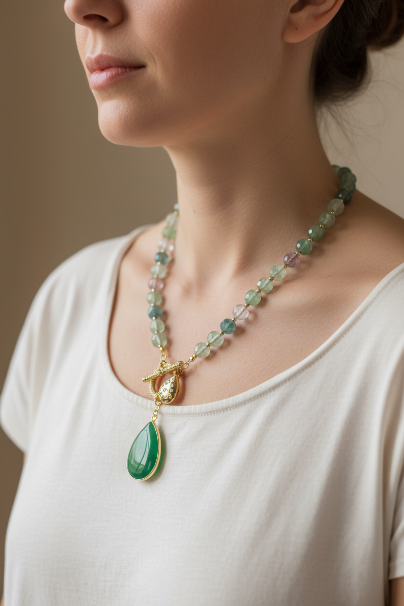 Collar de piedras naturales fluorita y colgante de amazonita con circones bañado en oro de 18k
