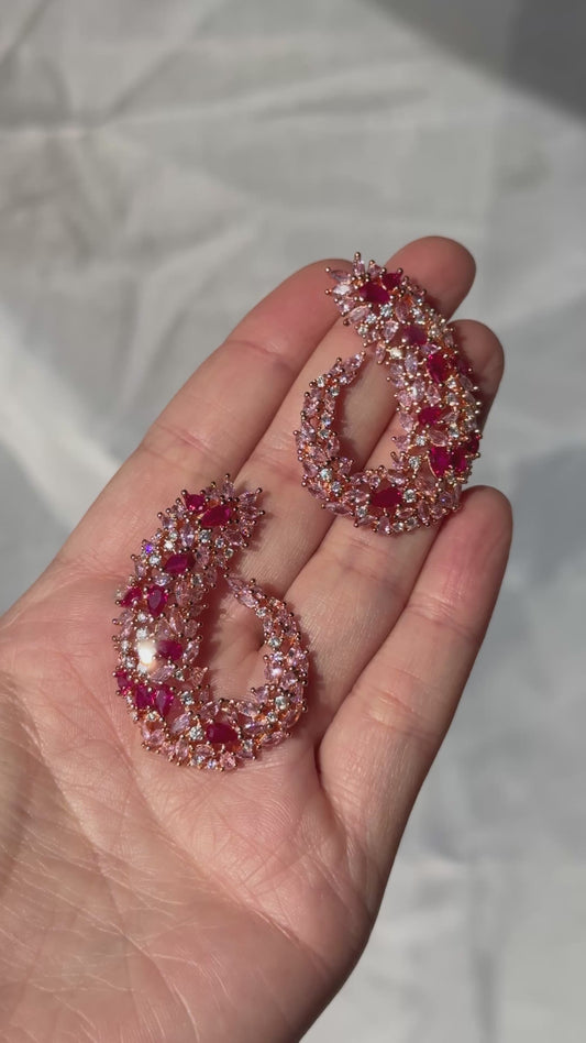 Aros Espiral Floral Fucsia y Rosa bañados en Oro Rosado